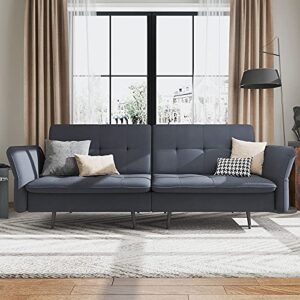 HONBAY Folding Futon, Convertible Sleeper with Adjustable Back, Tufted Sofa Couch Bed for Small Space, Bluish Grey