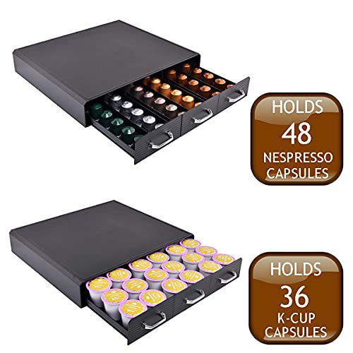 Coffee Pod Storage Drawer Coffee Capsule Organize Drawer Coffee Maker Holder Organizer,Compatible with 36 Capacity K-Cup or 48 Nespresso Capsule, Black