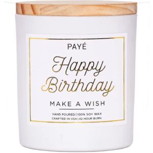 payÉ happy birthday candle gift 100% hand poured soy wax all natural vanilla birthday cake fragrance - large 10oz white glass jar - wooden lid - gift for women and men - handmade - 42 hour burn