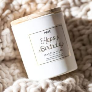 PAYÉ Happy Birthday Candle Gift 100% Hand Poured Soy Wax All Natural Vanilla Birthday Cake Fragrance - Large 10oz White Glass Jar - Wooden Lid - Gift for Women and Men - Handmade - 42 Hour Burn