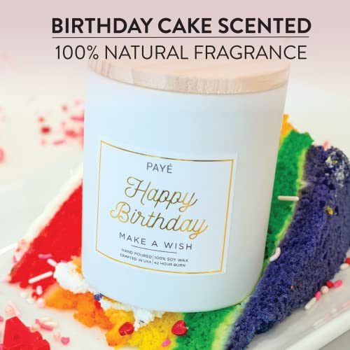 PAYÉ Happy Birthday Candle Gift 100% Hand Poured Soy Wax All Natural Vanilla Birthday Cake Fragrance - Large 10oz White Glass Jar - Wooden Lid - Gift for Women and Men - Handmade - 42 Hour Burn