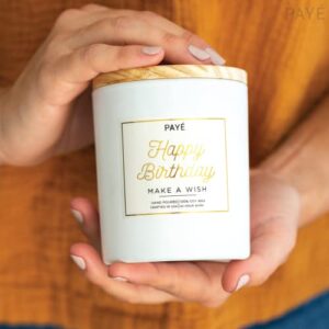 PAYÉ Happy Birthday Candle Gift 100% Hand Poured Soy Wax All Natural Vanilla Birthday Cake Fragrance - Large 10oz White Glass Jar - Wooden Lid - Gift for Women and Men - Handmade - 42 Hour Burn