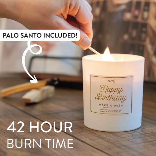 PAYÉ Happy Birthday Candle Gift 100% Hand Poured Soy Wax All Natural Vanilla Birthday Cake Fragrance - Large 10oz White Glass Jar - Wooden Lid - Gift for Women and Men - Handmade - 42 Hour Burn