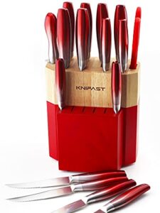 knife set with block, knifast full tang 17-pieces kitchen knife set with block wooden german stainless steel cutlery with knife sharpener & 6 steak knives (red)