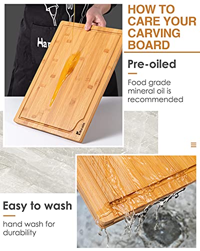 Bamboo Cutting Board, 3-Piece Kitchen Chopping Board with Juice Groove and Handles Heavy Duty Serving Tray Wood Butcher Block and Wooden Carving Board,Large,Kikcoin