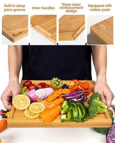 Bamboo Cutting Board, 3-Piece Kitchen Chopping Board with Juice Groove and Handles Heavy Duty Serving Tray Wood Butcher Block and Wooden Carving Board,Large,Kikcoin