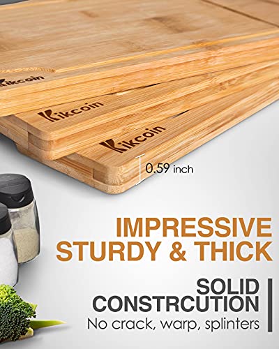 Bamboo Cutting Board, 3-Piece Kitchen Chopping Board with Juice Groove and Handles Heavy Duty Serving Tray Wood Butcher Block and Wooden Carving Board,Large,Kikcoin