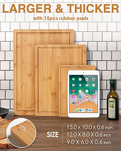 Bamboo Cutting Board, 3-Piece Kitchen Chopping Board with Juice Groove and Handles Heavy Duty Serving Tray Wood Butcher Block and Wooden Carving Board,Large,Kikcoin