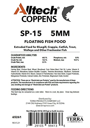 Alltech Coppens SP-15 5mm Floating Fish Food - Extruded Feed for All Pond-Raised Bluegill, Crappie, Catfish, Trout and Other Freshwater Fish - 44 LBs