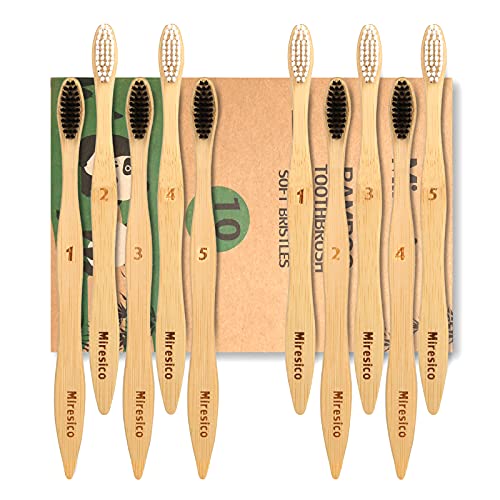 Miresico Bamboo Toothbrushes (10 Piece), BPA Free Toothbrush Medium Soft Bristles Bamboo, Eco-Friendly, Natural, Green Tooth Brushes, Biodegradable, Compostable & Organic Charcoal Wooden Tooth Brush