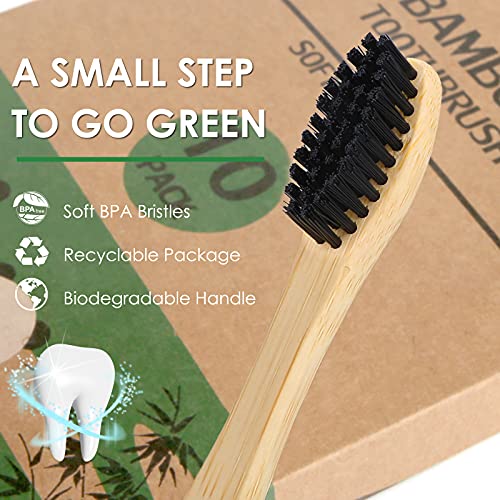 Miresico Bamboo Toothbrushes (10 Piece), BPA Free Toothbrush Medium Soft Bristles Bamboo, Eco-Friendly, Natural, Green Tooth Brushes, Biodegradable, Compostable & Organic Charcoal Wooden Tooth Brush