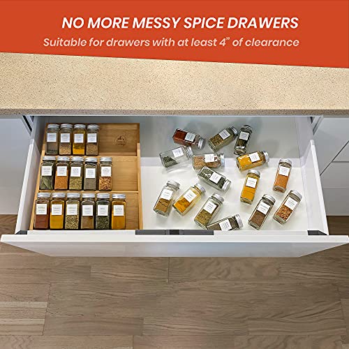 Pinnacle Cookery Spice Drawer Organizer for Kitchen - Bamboo Spice Rack Organizer for Drawer - 15x13 Space Saving Seasoning Organization Storage Tray