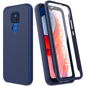 for moto g play 2021 case with built-in screen protector, full body protection shockproof cover case, [rugged pc front bumper + soft tpu back cover] armor protective phone case (navy blue)