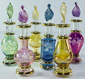 egyptian perfume bottles, mouth blown glass genie bottles potion perfume bottles wholesale set of 6 miniature bottles size 2" (5 cm) with handmade gold decorative bottle for essential& perfume oils by egyptian hand blown glass