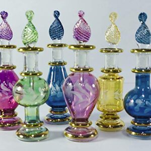 Egyptian Perfume Bottles, Mouth Blown Glass Genie bottles potion Perfume Bottles Wholesale Set of 6 Miniature bottles Size 2" (5 cm) with handmade Gold decorative bottle for essential& perfume oils by Egyptian Hand Blown Glass