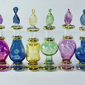 Egyptian Perfume Bottles, Mouth Blown Glass Genie bottles potion Perfume Bottles Wholesale Set of 6 Miniature bottles Size 2" (5 cm) with handmade Gold decorative bottle for essential& perfume oils by Egyptian Hand Blown Glass