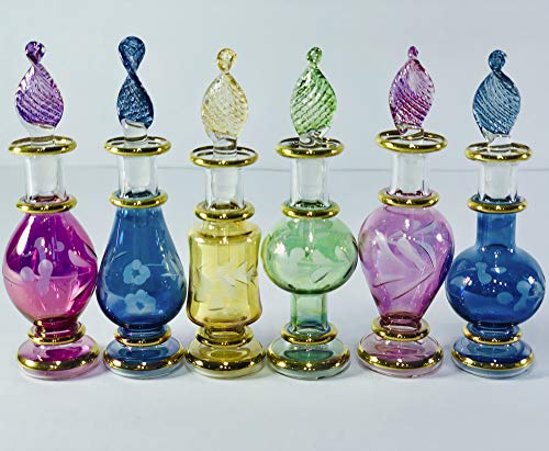 Egyptian Perfume Bottles, Mouth Blown Glass Genie bottles potion Perfume Bottles Wholesale Set of 6 Miniature bottles Size 2" (5 cm) with handmade Gold decorative bottle for essential& perfume oils by Egyptian Hand Blown Glass