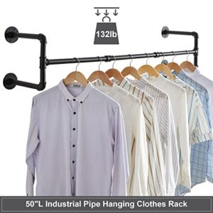 IBUYKE Industrial Pipe Clothes Rack, 50'' Wall Mounted Closet Bar, Heavy Duty Closet Clothes Rod, Multi-Purpose Hanging Rod for Closet Storage (4 Bases) TYJ002H