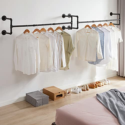 IBUYKE Industrial Pipe Clothes Rack, 50'' Wall Mounted Closet Bar, Heavy Duty Closet Clothes Rod, Multi-Purpose Hanging Rod for Closet Storage (4 Bases) TYJ002H