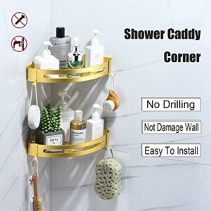 Corner Shower Caddy Wall Mounted, Metal Bathroom Storage Shelves with Hooks, Rust Proof Triangle Shower Shelf No Drilling, Adhesive Installation Bathroom Basket (2 Tiers, Bright Gold)