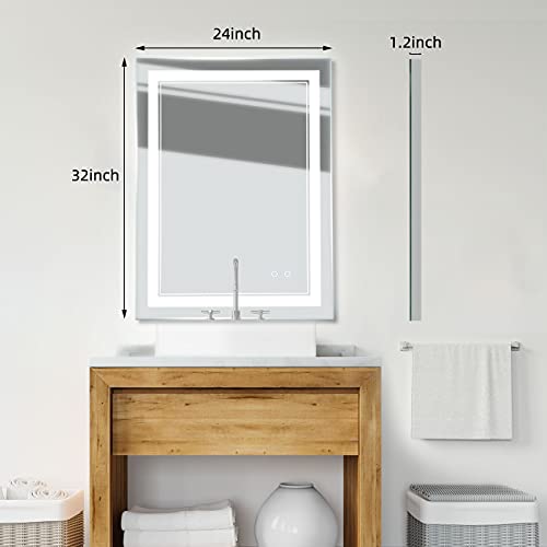 24" x 32" LED Bathroom Mirror Wall-Mounted Vanity Anti-Fog Mirror Dimmable Adjustable Light LED Makeup Mirror Vertical/Horizontal