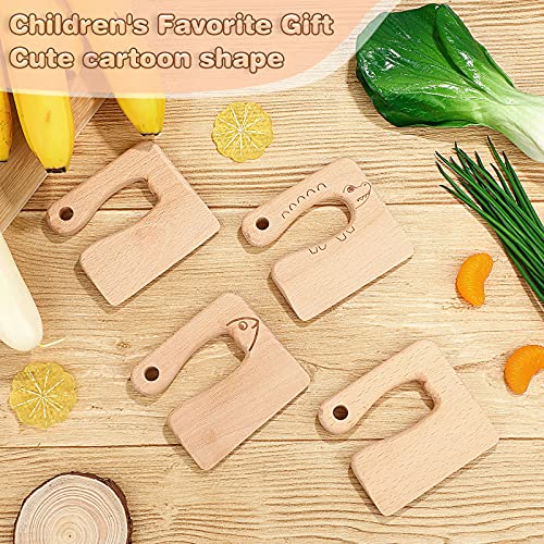 Honoson 4 Pieces Wooden Kids Knife 2 Patterns Safe Cutting Knife Wooden Cooking Chopper Kitchen Tools for Toddlers Cutting Fruit and Vegetable, for 2-8 Years Old