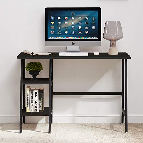 VECELO Home Office Computer Desk Writing Study Workstation with 2 Tier Storage Shelves on Left or Right, Industrial Simple Style Wood Table & Metal Frame, Black, 43 in x 20 in x 30