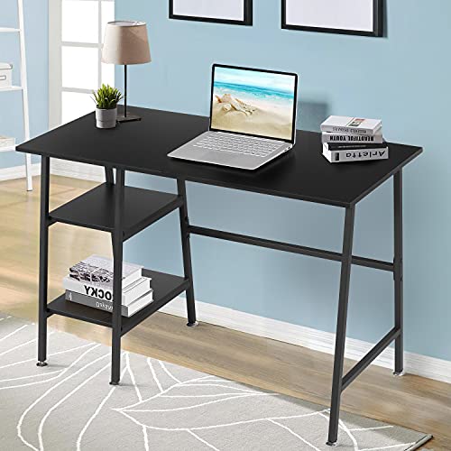 VECELO Home Office Computer Desk Writing Study Workstation with 2 Tier Storage Shelves on Left or Right, Industrial Simple Style Wood Table & Metal Frame, Black, 43 in x 20 in x 30