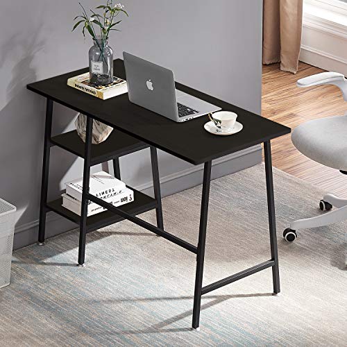 VECELO Home Office Computer Desk Writing Study Workstation with 2 Tier Storage Shelves on Left or Right, Industrial Simple Style Wood Table & Metal Frame, Black, 43 in x 20 in x 30