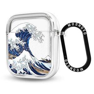 mosnovo airpods case, apple airpods 1 &2 case, cool tokyo wave clear case design with luxe metal ring shockproof protective cover case for airpods