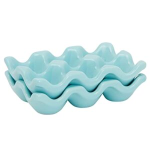 2 Pack Ceramic Half Dozen Egg Tray Holder for Countertop, Refrigerator, Porcelain Egg Carton Holds 6 Chicken Eggs, Hard Boiled Eggs for Easter Egg Painting (Teal)