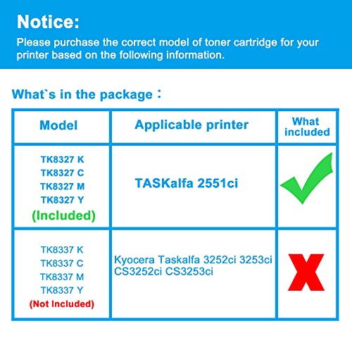 LCL Compatible Toner Cartridge Replacement for Kyocera TK8327 TK-8327 TK8327K TK-8327K TK-8327C TK-8327M TK-8327Y 1T02NPCUS0 1T02NPCCS0 1T02NPBCS0 1T02NPACS0 2551ci (4-Pack Black Cyan Magenta Yellow)