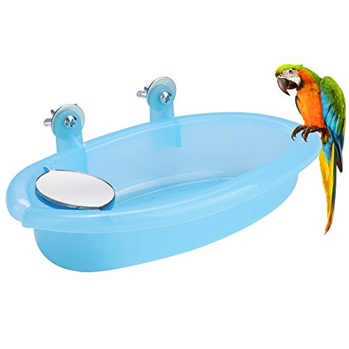 Bird Bath with Mirror, Cute Pet Parrot Bathtub Bird Bathing Box with Mirror Bird Cage Toy Accessory Blue(not for Macaws)