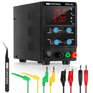 dc power supply variable 3 digital（35v 5a) cc/cv mode single-output 110v with alligator to banana test lead,test hook clips, tweezers for for diy electronics testing, repairing& researching