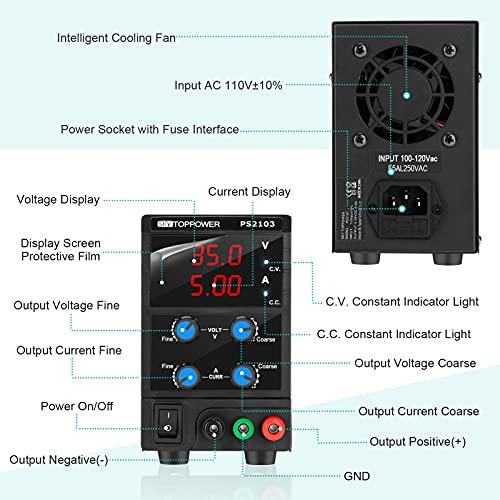 DC Power Supply Variable 3 Digital（35V 5A) CC/CV Mode Single-Output 110V with Alligator to Banana Test Lead,Test Hook Clips, Tweezers for for DIY Electronics Testing, Repairing& Researching