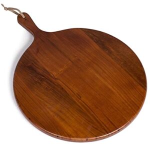 birdrock home 18" round acacia wooden cheese serving pizza board with handle - party charcuterie board for appetizers wood food kitchen platter - bread meat fruit display - espresso
