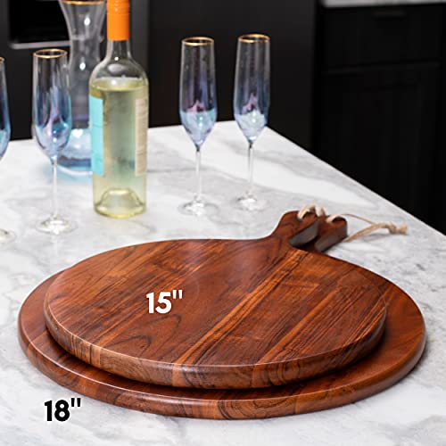 BirdRock Home 18" Round Acacia Wooden Cheese Serving Pizza Board with Handle - Party Charcuterie Board for Appetizers Wood Food Kitchen Platter - Bread Meat Fruit Display - Espresso