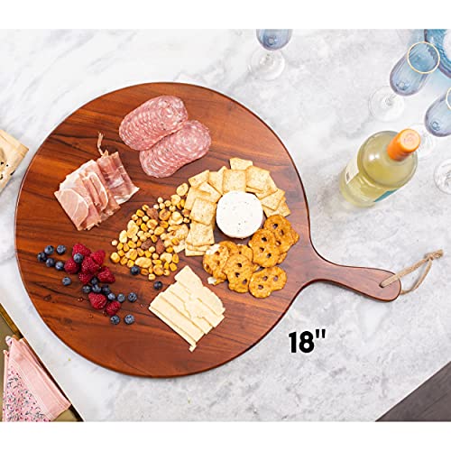 BirdRock Home 18" Round Acacia Wooden Cheese Serving Pizza Board with Handle - Party Charcuterie Board for Appetizers Wood Food Kitchen Platter - Bread Meat Fruit Display - Espresso