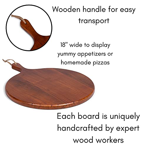 BirdRock Home 18" Round Acacia Wooden Cheese Serving Pizza Board with Handle - Party Charcuterie Board for Appetizers Wood Food Kitchen Platter - Bread Meat Fruit Display - Espresso