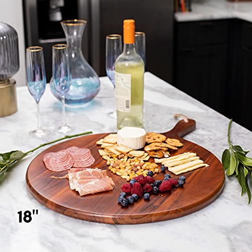 BirdRock Home 18" Round Acacia Wooden Cheese Serving Pizza Board with Handle - Party Charcuterie Board for Appetizers Wood Food Kitchen Platter - Bread Meat Fruit Display - Espresso