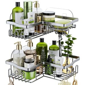 hapirm corner shower caddy with shampoo holder, shower organizer shower storage shelf with 11 hooks, no drilling rust proof stainless steel shower basket shelves-silver (only for 90 ° right angle)