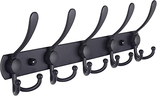 Wall Mounted Coat Rack - 5 Tri Hooks, Heavy Duty, Stainless Steel, Metal Coat Hook Rail for Coat Hat Towel Purse Robes Mudroom Bathroom Entryway （Black）