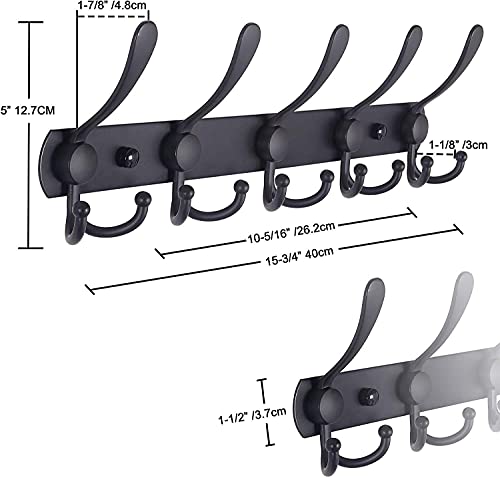 Wall Mounted Coat Rack - 5 Tri Hooks, Heavy Duty, Stainless Steel, Metal Coat Hook Rail for Coat Hat Towel Purse Robes Mudroom Bathroom Entryway （Black）