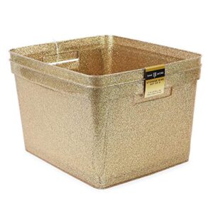 isaac jacobs large glitter storage bin (14” x 11.5” x 8.75”) set w/cut-out handles, plastic organizer, multi-functional, home storage solution, kids playroom, bedroom, closet (2, gold)