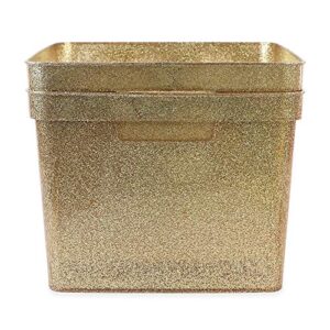 Isaac Jacobs Large Glitter Storage Bin (14” x 11.5” x 8.75”) Set w/Cut-Out Handles, Plastic Organizer, Multi-Functional, Home Storage Solution, Kids Playroom, Bedroom, Closet (2, Gold)