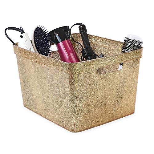 Isaac Jacobs Large Glitter Storage Bin (14” x 11.5” x 8.75”) Set w/Cut-Out Handles, Plastic Organizer, Multi-Functional, Home Storage Solution, Kids Playroom, Bedroom, Closet (2, Gold)