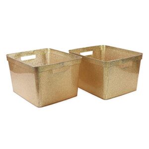 Isaac Jacobs Large Glitter Storage Bin (14” x 11.5” x 8.75”) Set w/Cut-Out Handles, Plastic Organizer, Multi-Functional, Home Storage Solution, Kids Playroom, Bedroom, Closet (2, Gold)