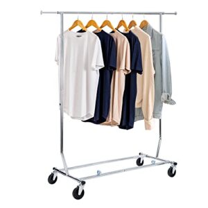 SUPER DEAL Metal Garment Rack with Wheels Single Rod Height Adjustable & Expandable Mobile Clothes Drying Rack Hanging Organizer, All-Steel Frame 250lbs Capacity