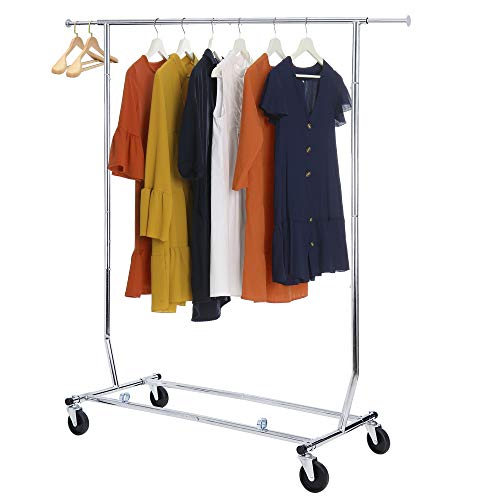 SUPER DEAL Metal Garment Rack with Wheels Single Rod Height Adjustable & Expandable Mobile Clothes Drying Rack Hanging Organizer, All-Steel Frame 250lbs Capacity