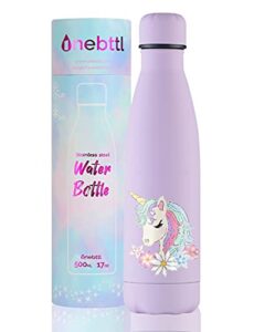 onebttl unicorn gifts, unicorn party supplies, stainless steel water bottle, kids water bottle 17oz/500ml double wall vacuum insulated thermo bottle purple flower
